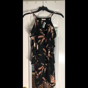 Feather print dress with off the shoulder sleeves